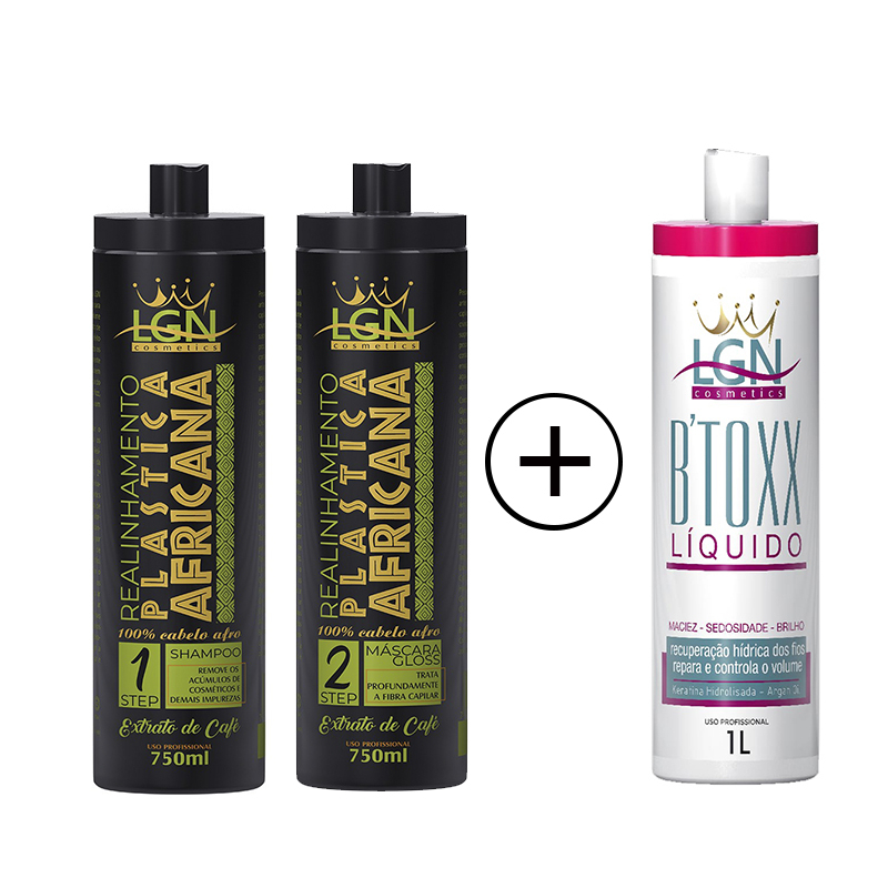 Kit Realinhamento shampoo anti residuo e Plastica super liso afro 750ml + B´toxx liquido 1L - LGN Barber