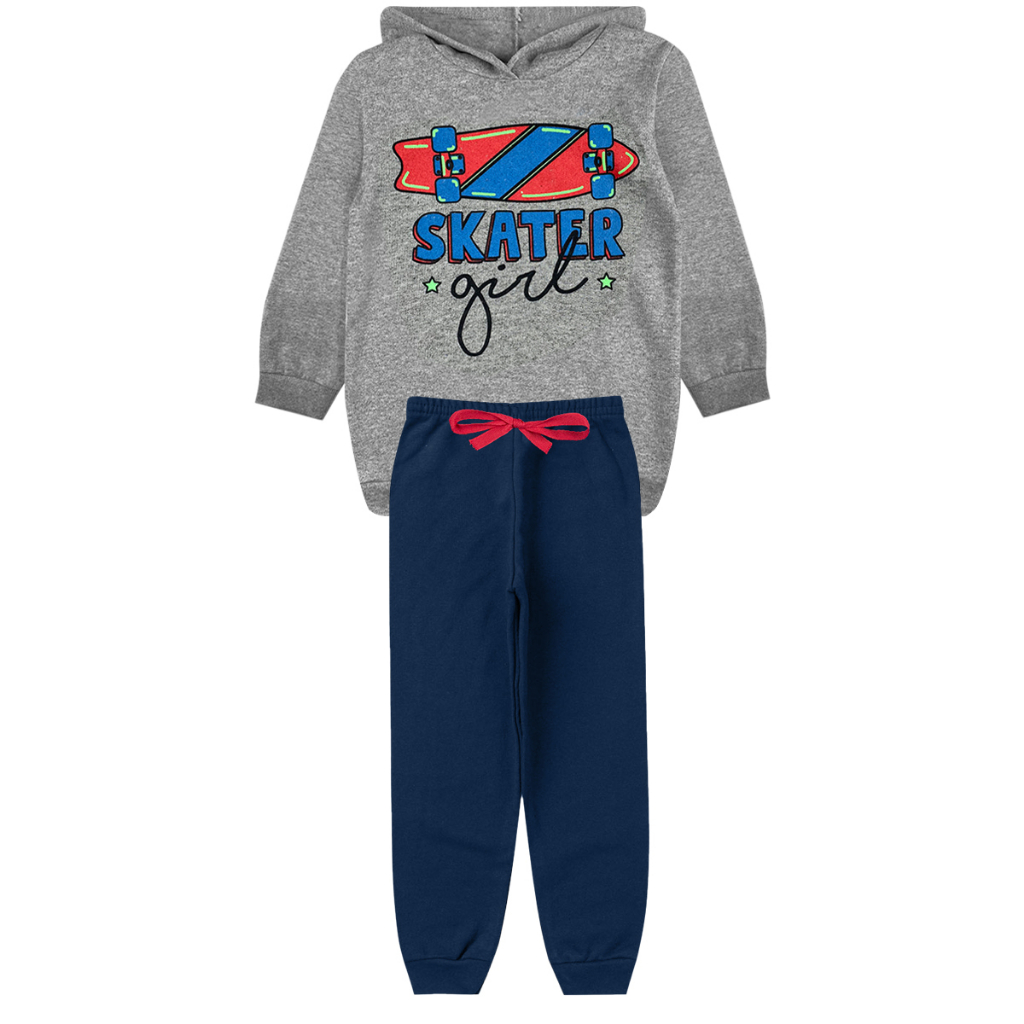 Conjunto Moletom Infantil MENINA Mescla Skater com Capuz