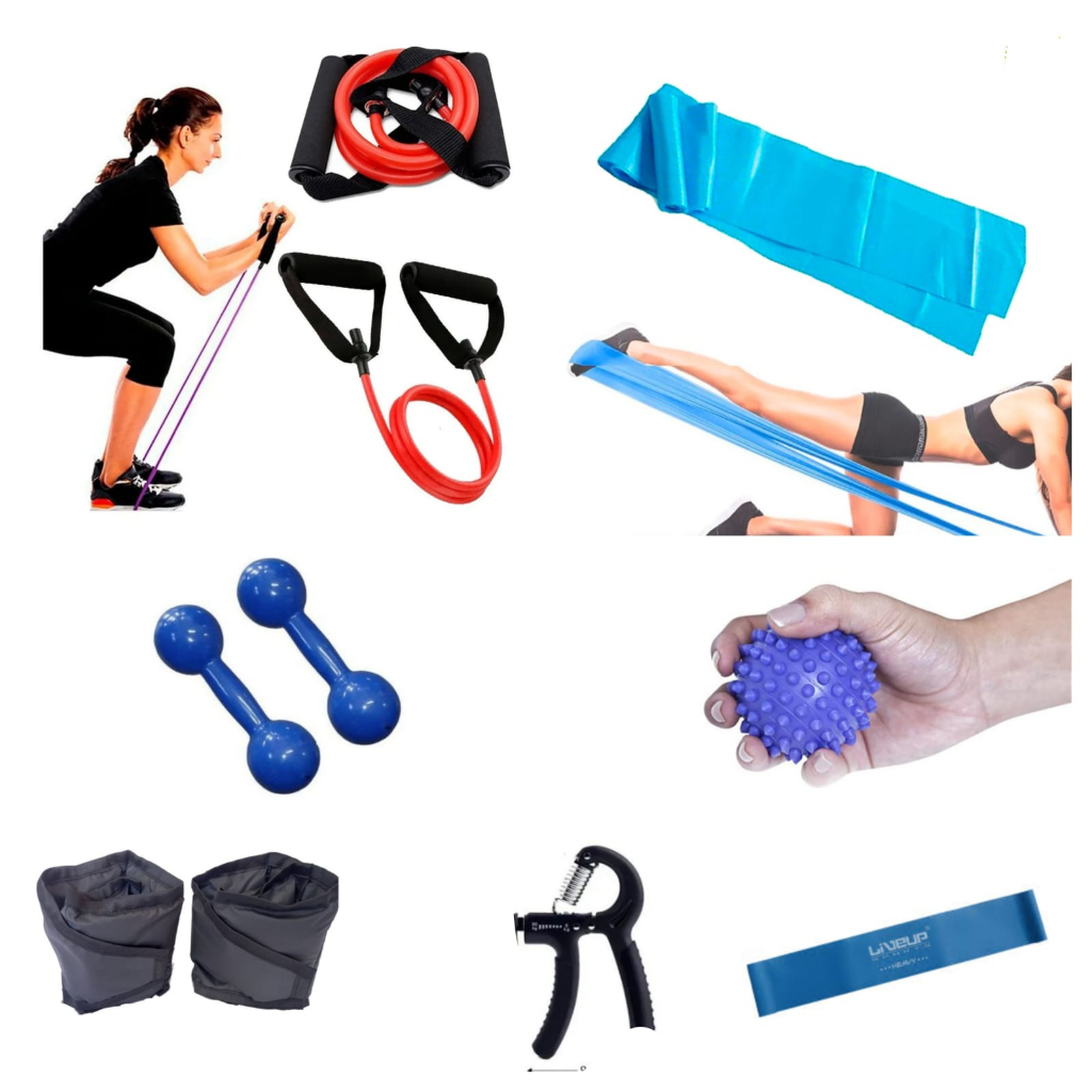 Kit Fisioterapia Completo Halter Meio kg + Caneleira Meio kg+ Elásticos + Handgrip + Bolinha
