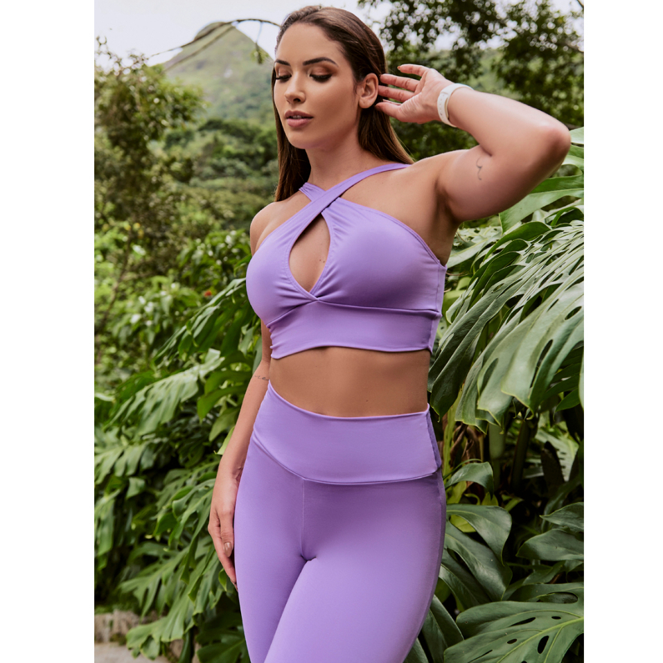 Conjunto Moda Fitness Academia Top Feminino Bojo Alça Cruzada Calça Legging Longa Cintura Alta