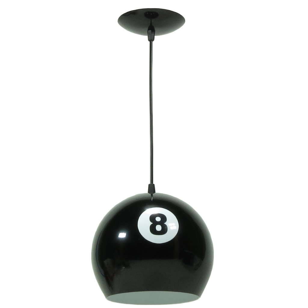 Luminaria Pendente Lustre Bola 8 Grande Vintage Preto Brilhante 20cm Mesa Bilhar e Sinuca Bares Barbearias Area Gourmet Varandas Balcão Studio Sala de Estar e Jantar Cozinhas