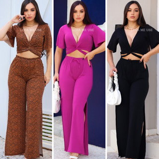 Conjunto Feminino Cropped Multiformas 3 em 1 Manga Curta e Pantalona Onça com fenda lateral Animal Print ou Preto
