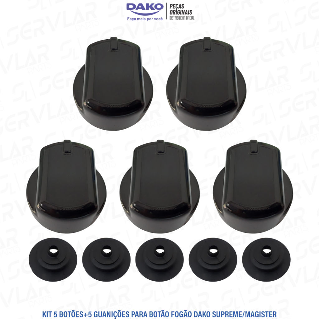 KIT COM 5 BOTÕES MANÍPULOS + 5 VEDAÇÕES PARA BOTÂO FOGÃO DAKO SUPREME E MAGISTER 4 E 5 BOCAS  100% ORIGINAIS DE FÁBRICA