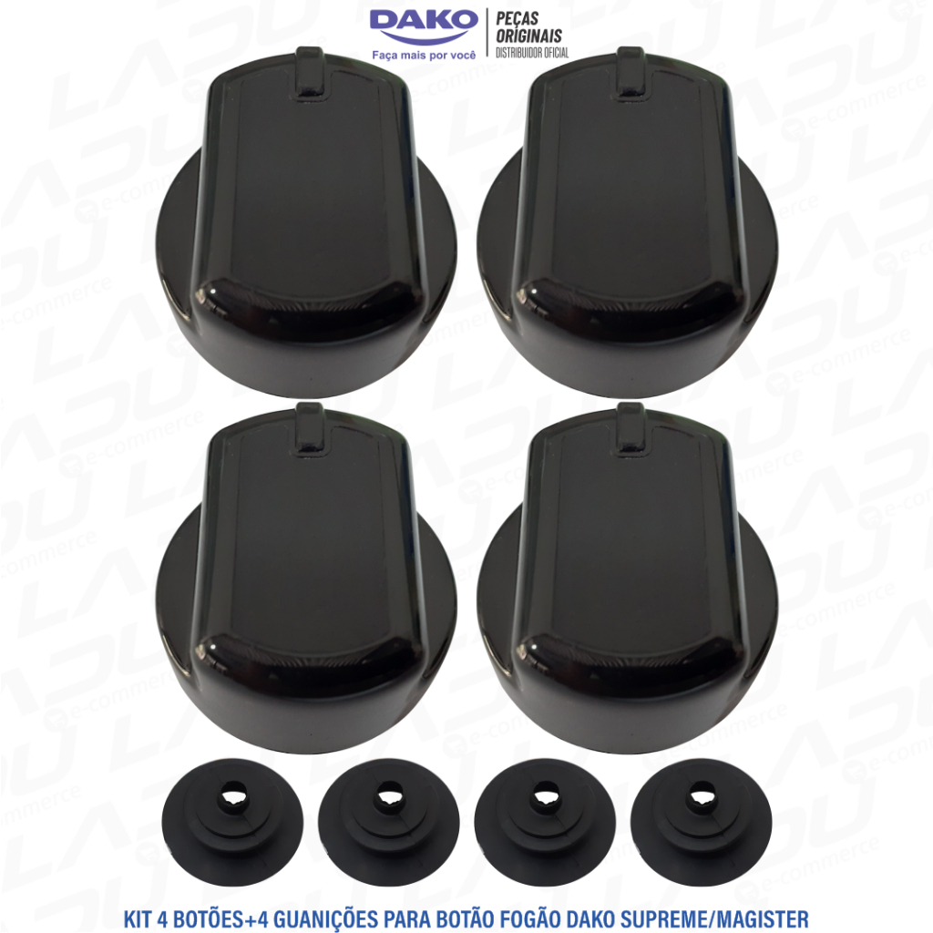 KIT COM 4 BOTÕES MANÍPULOS + 4 VEDAÇÕES  BOTÃO FOGÃO DAKO SUPREME E MAGISTER 4 E 5 BOCAS ORIGINAIS
