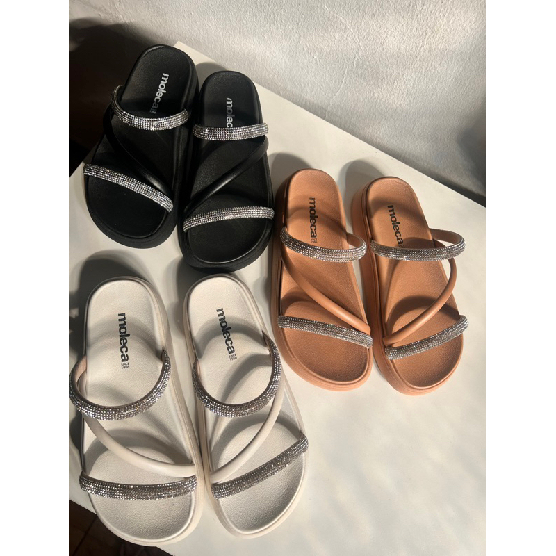 Sandália Papete Brilho Moleca Feminina Rasteira Tira Strass Casual Conforto Original