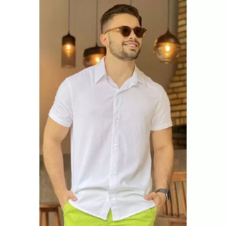 Camisa Social lisa Manga Curta básica Masculina Havaiana Verão 2023