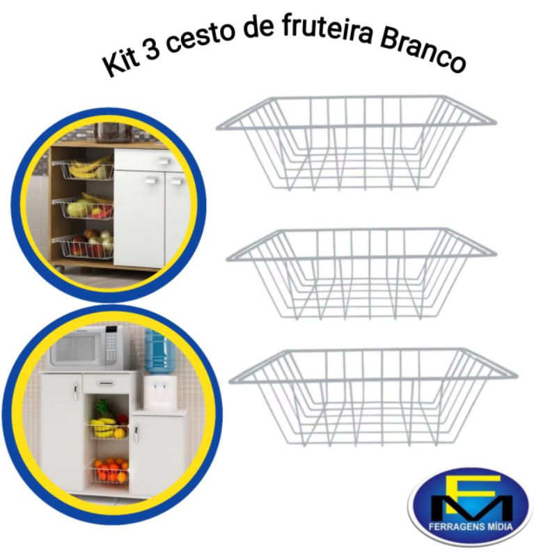 Kit 3 Cesto De Fruteira Aramado Cromado Ou Branco Corrediça lateral Envio Imediato em Oferta na Shopee