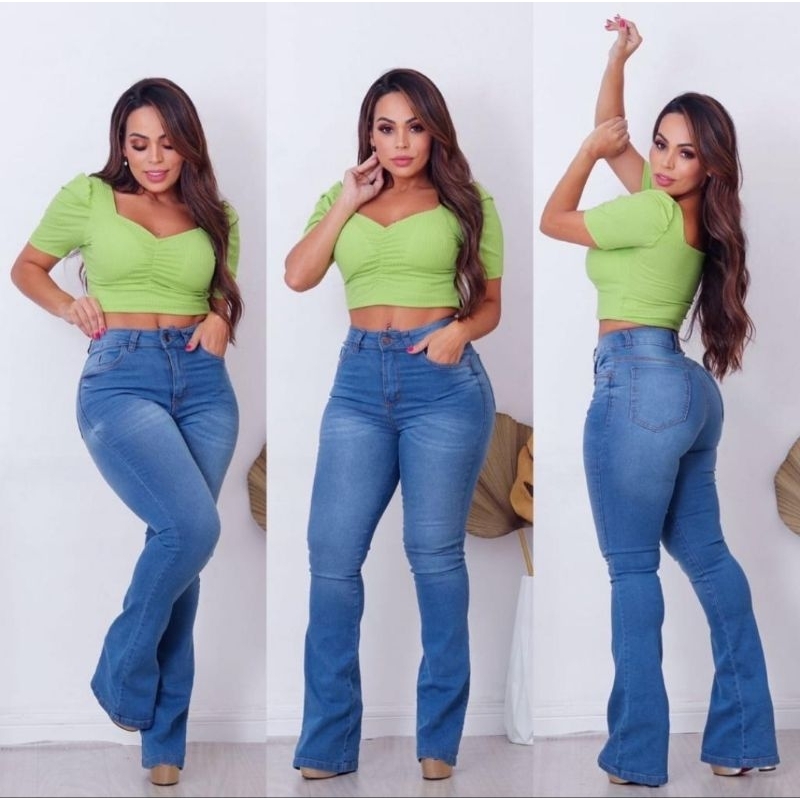 calça flare jeans feminina com laycra wissam jeans