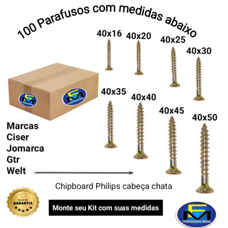 Kit parafuso Philips chipboard cabeça chata na medida 4,0mm (16 ao 50mm) o cento em Oferta na Shopee