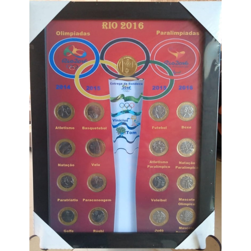 Quadro expositor com encaixe para as moedas das olimpíadas 2016 para parede ou mesa com vidro