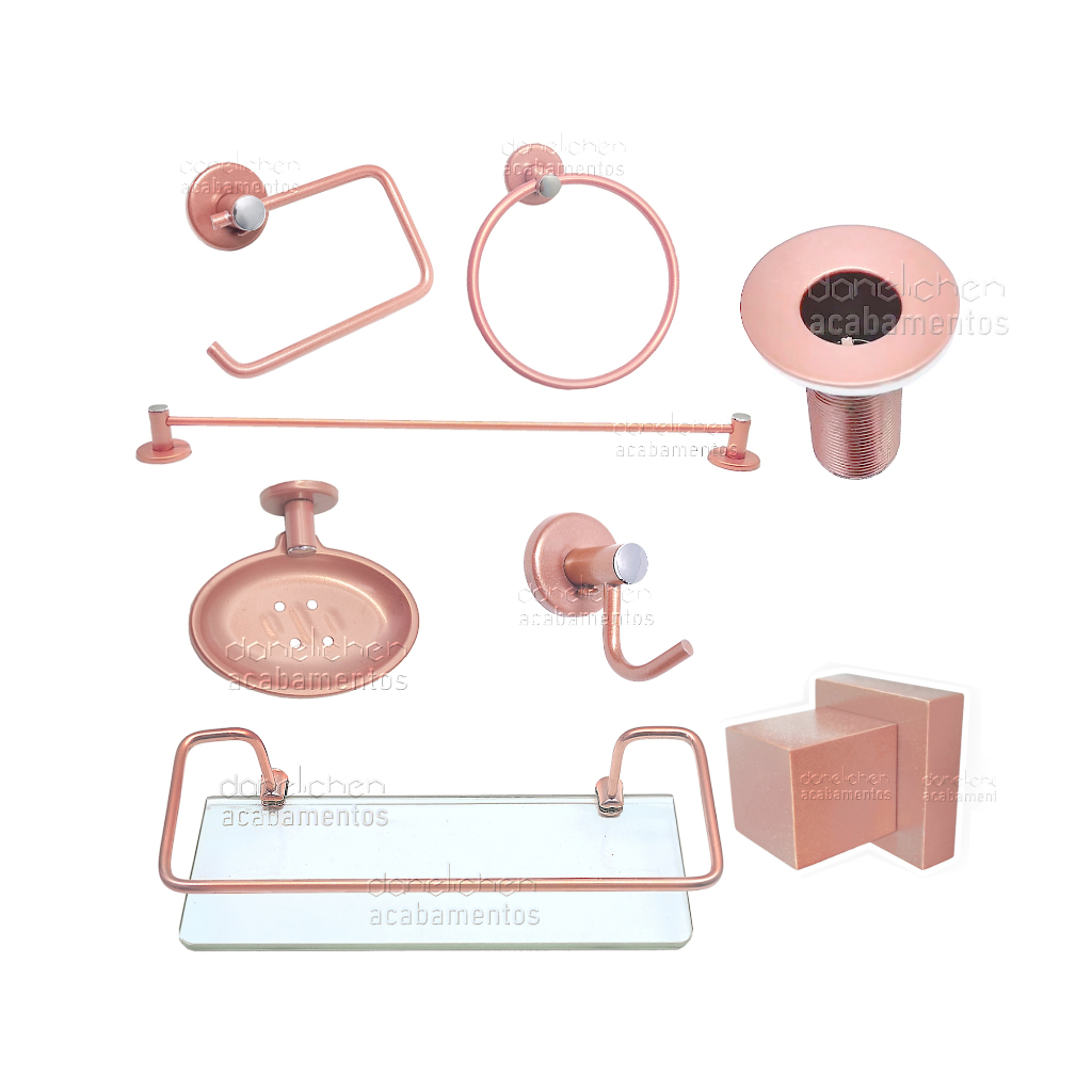Acessórios Banheiro Rose Gold Metal Acabamento Registro Rose Válvula Lavatório INOX Kit Lavabo Rose Gold Saboneteira INOX Porta Shampoo Vidro
