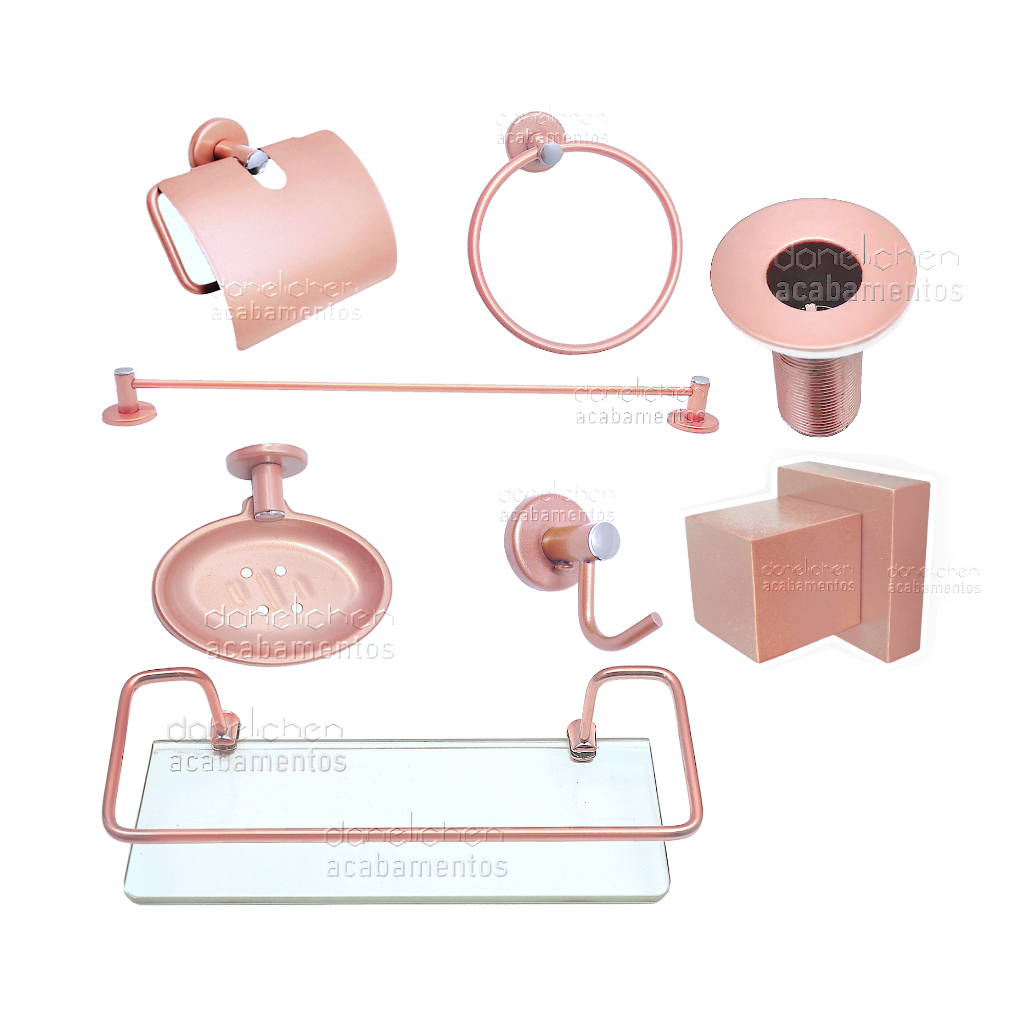 Kit de Banheiro Rose Acabamento Registro Rosé Gold Válvula Lavatório Rose Gold Acessórios de Banheiro Metal cor Rose Saboneteira INOX