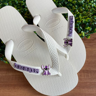Chinelo Havaianas Branco + Par de Placas + PAr de Stitch Lilás
