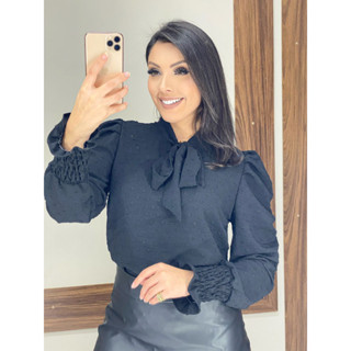 blusa social manga longa com laço moda feminina
