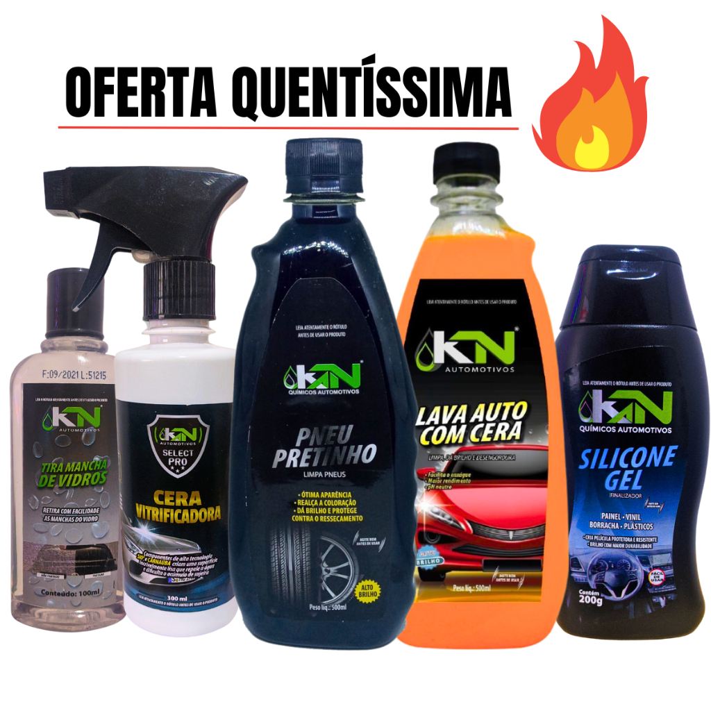 Cera Vitrificadora Pneu Pretinho Shampoo Lava Auto Silicone Automotivo e Limpa Parabrisas Kit Com 5 Unidades KN Automotivos