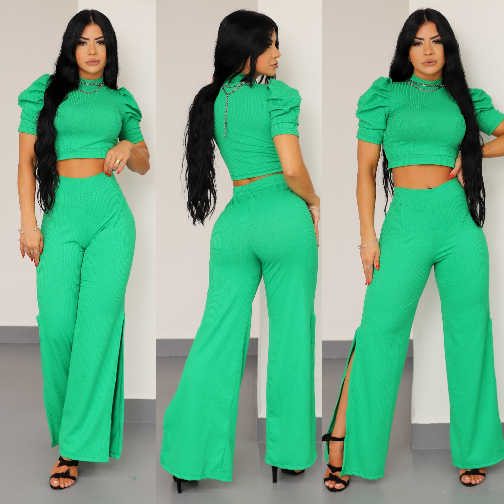 Conjunto Feminino Princesa Blusa Manga Curta Bufante Conjuntinho Feminino Canelado Moda Blogueira