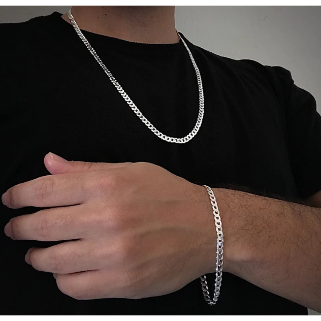Conjunto Colar E Pulseira Corrente 1x1 Masculina Banho Prata (3mm) kit