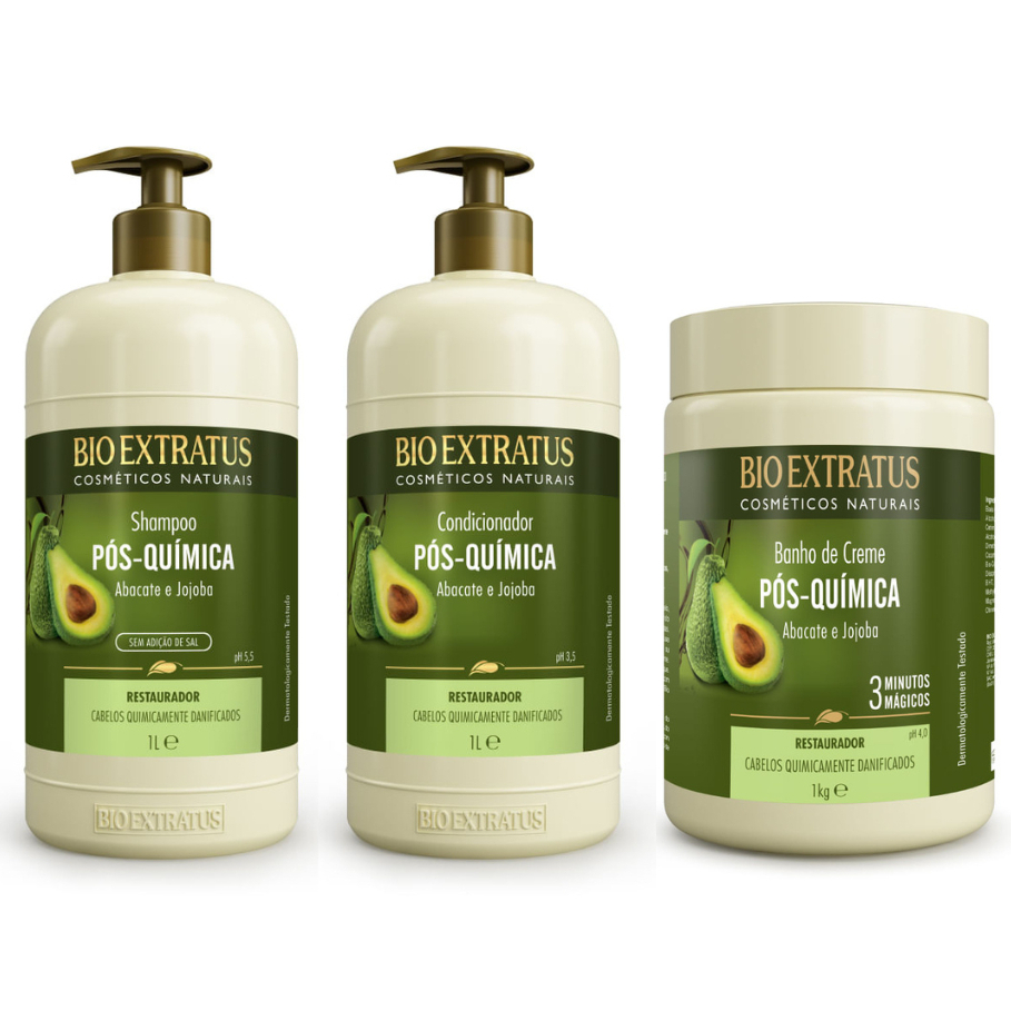 Kit Pós-Química Shampoo, Condicionador e Banho de Creme Bio Extratus - 1L Tratamento Resta...