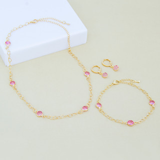 Conjunto Colar Chocker com Pulseira e Par de Brinco Argola Tiffany Rosa Banhada a Ouro.