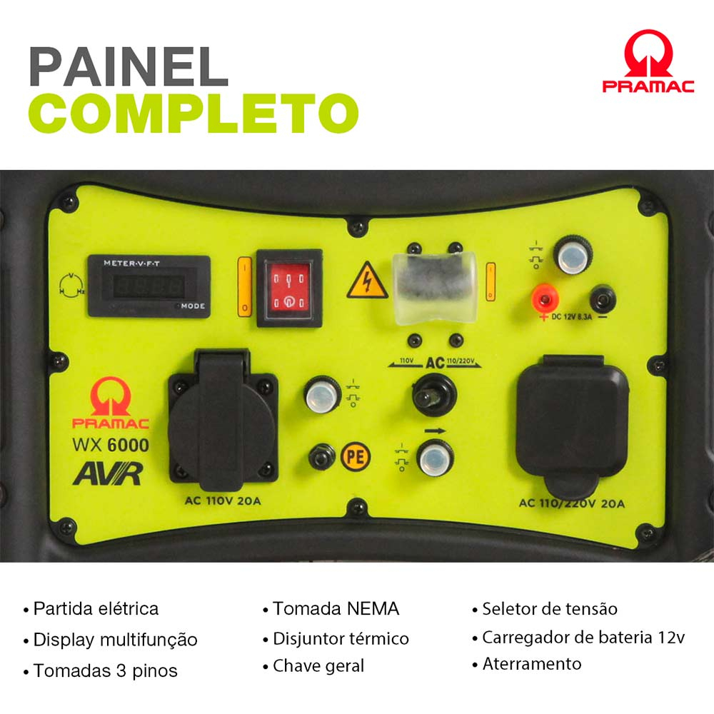 Detalhes do Gerador à Gasolina 6 KVA 4T Digital com AVR Mono Bivolt WX6000 PRAMAC