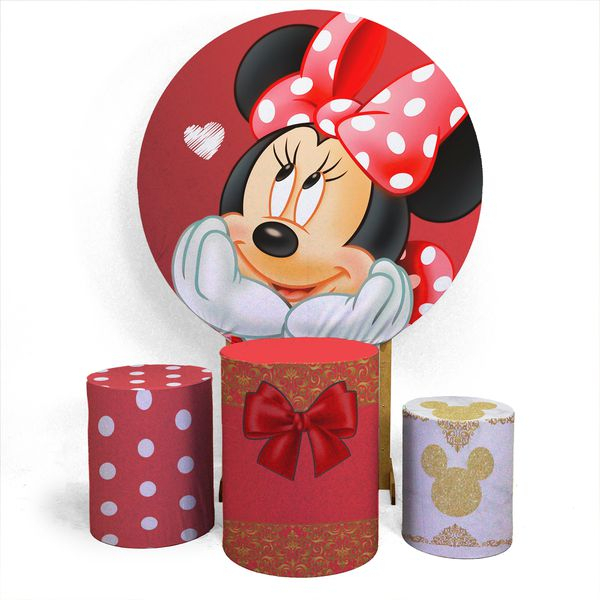 Kit Capa Painel 1,5 x 1,5 Trio Capa Cilindro Aniversário Veste Fácil Mnie Vermelha