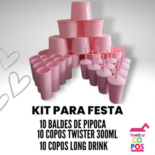 KIT FESTA 10 DE CADA PRODUTO - COPO LONG DRINK - BALDE DE PIPOCA - COPOS TWISTER