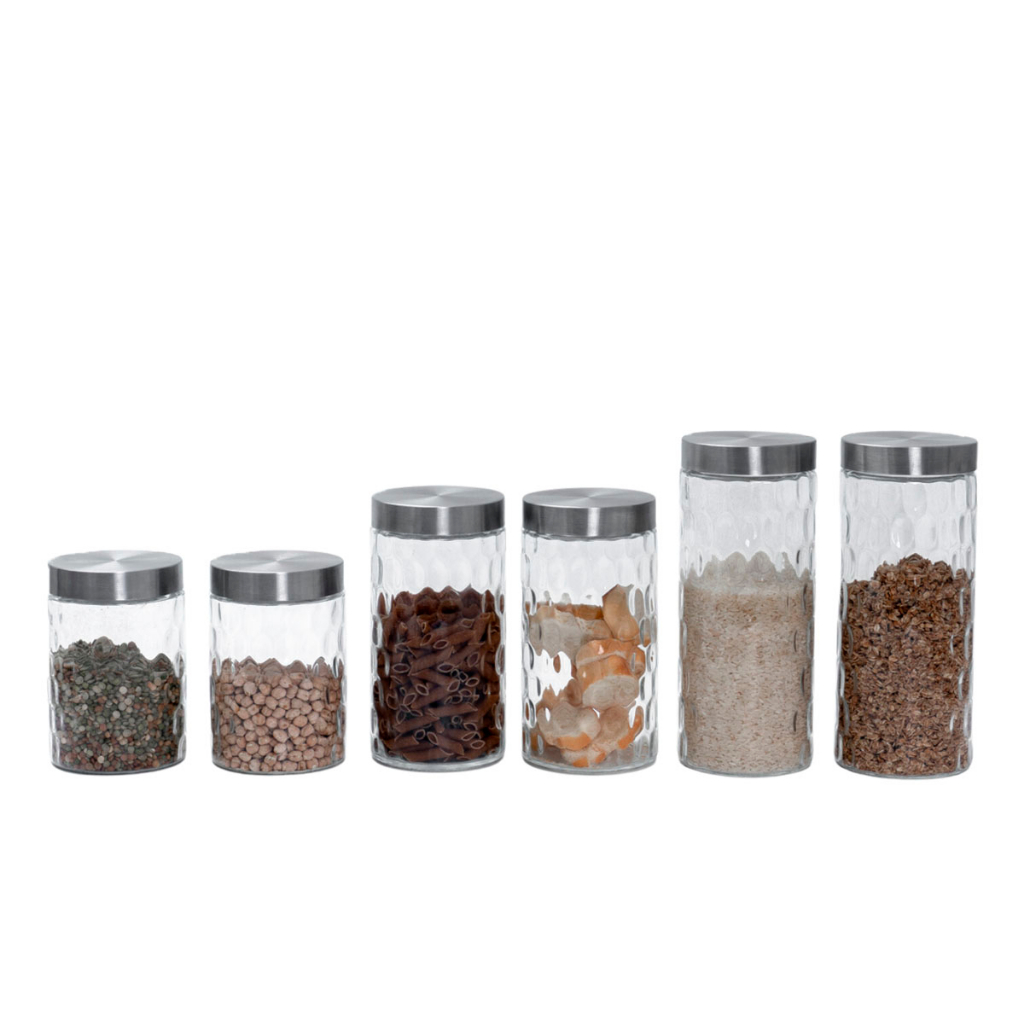 Kit 6 potes de vidro com tampa inox bolhas redondo 1300ml, 1700ml e 2200ml - Mozcada em Oferta na Shopee