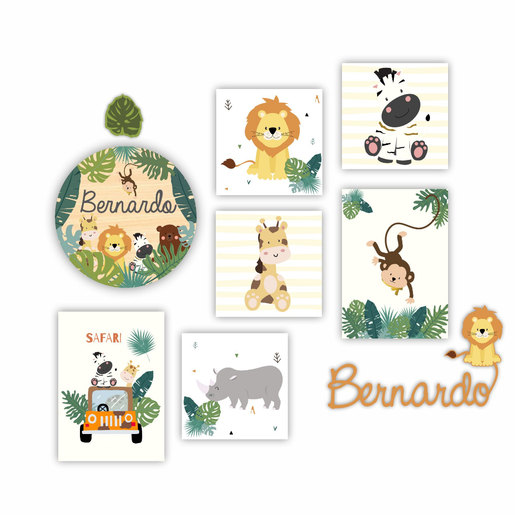 Kit Decoração Infantil Safari Bichinhos Conjunto Enfeite Porta Maternidade + 6 Quadros + Pendurador Incluso m8