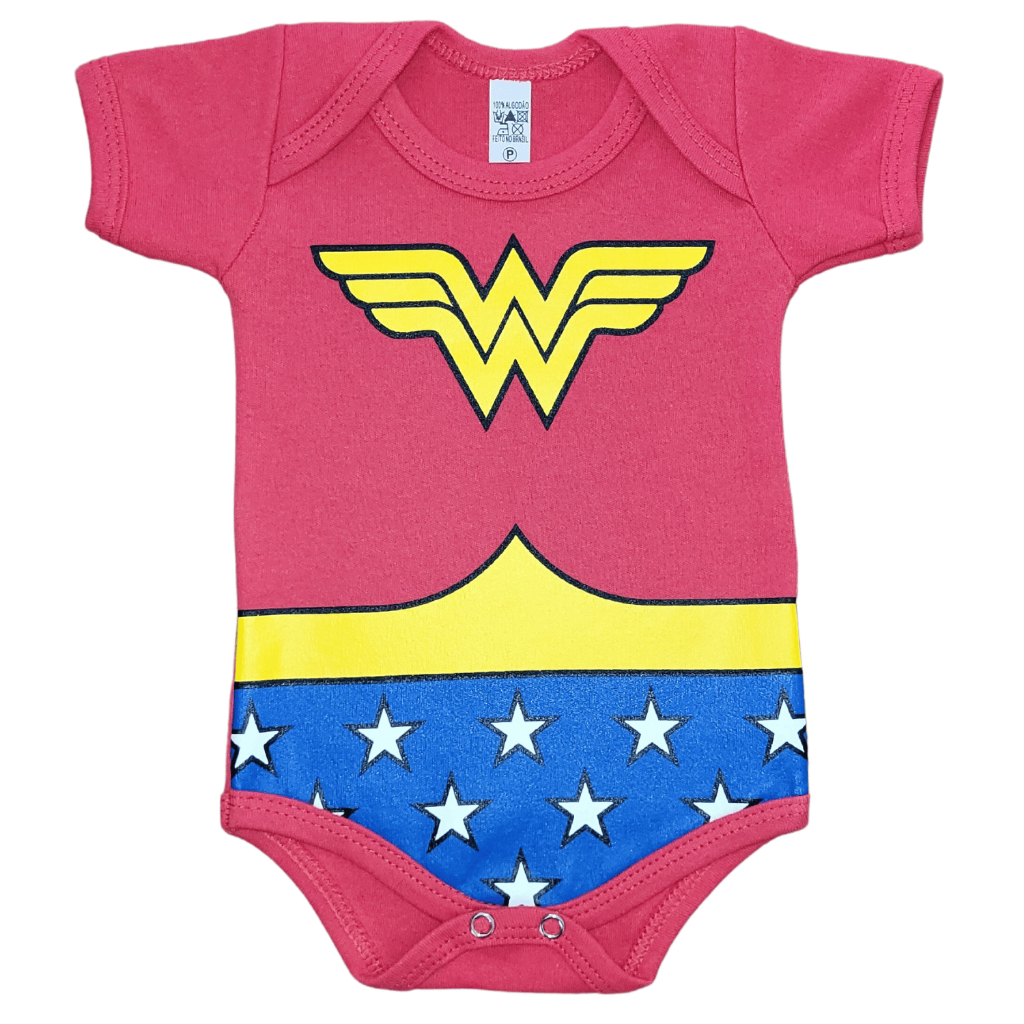 Body Bebê Mulher Maravilha Personagem Super Herói Fantasia Menina Recém Nascido Bori Bore 100% Algodão Roupa Bebê