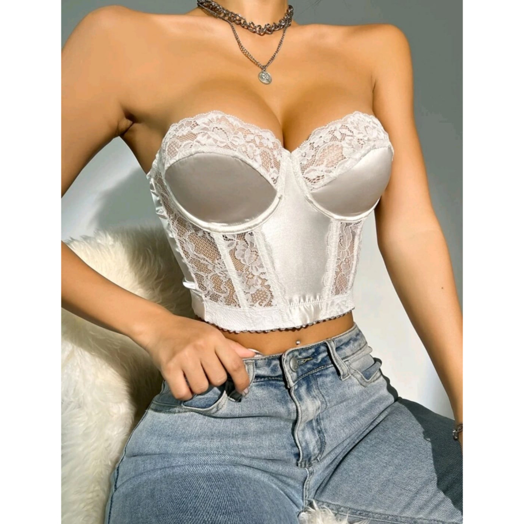 Cropped Corset Feminino Renda Branco Blogueira Top Blusa
