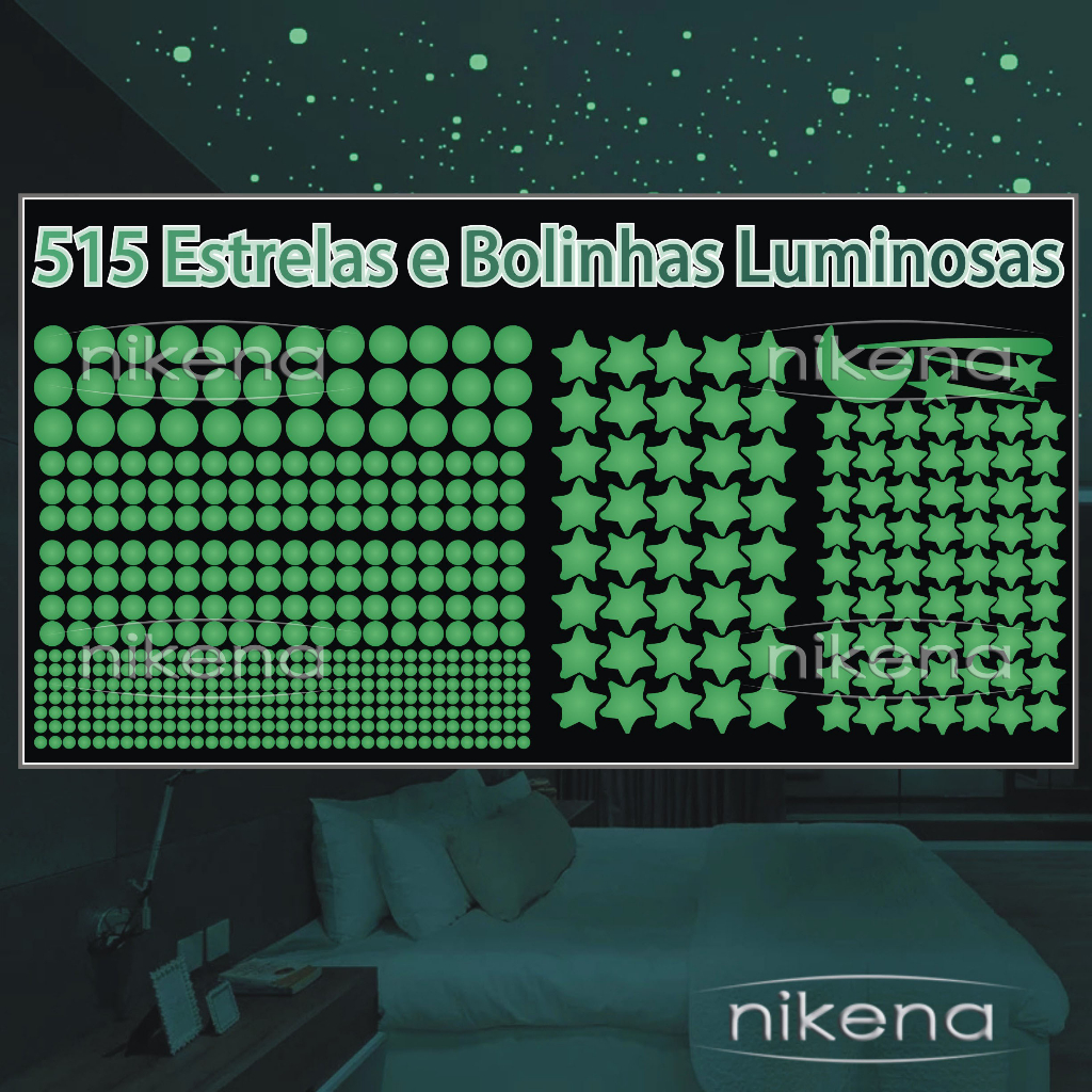 Adesivos com Lua Estrelas Esferas Cometas Estrelas Cadentes - Kit 515 peças - Brilha no Escuro - Fluorescente Teto - Adesivo com esfera bolinha estrela cometa - A Magia da Noite Estrelada em Casa - Bolinha :: AD515