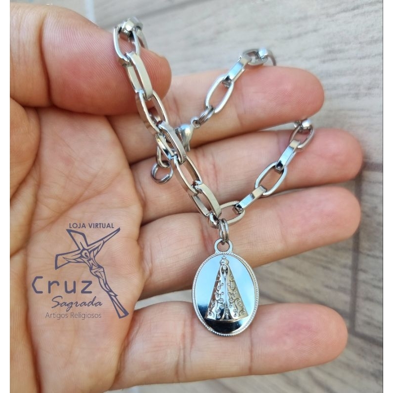 Cadeia Pulseira de Consagração em Aço Inox Cadeia de Maria Cadeia de Nossa Senhora com Medalha Nossa Senhora Aparecida