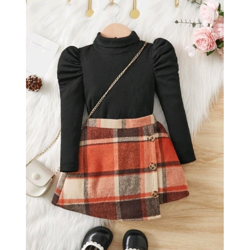 Conjunto infantil xadrez inverno elegante fashion saia flanelada e blusa canelada