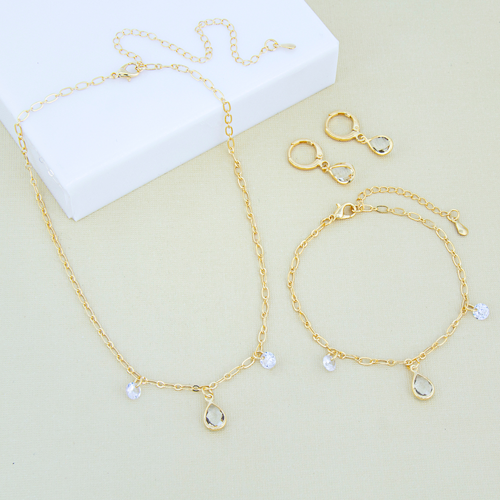 Colar com pingente + pulseira + Brinco Ponto de luz Gota em Ouro 18k ou Prata 925 + Saquinho Veludo