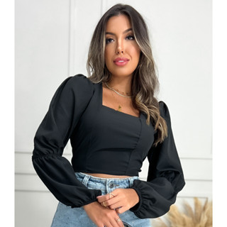 Blusa Cropped Feminino Manga Longa Bufante Princesa Social
