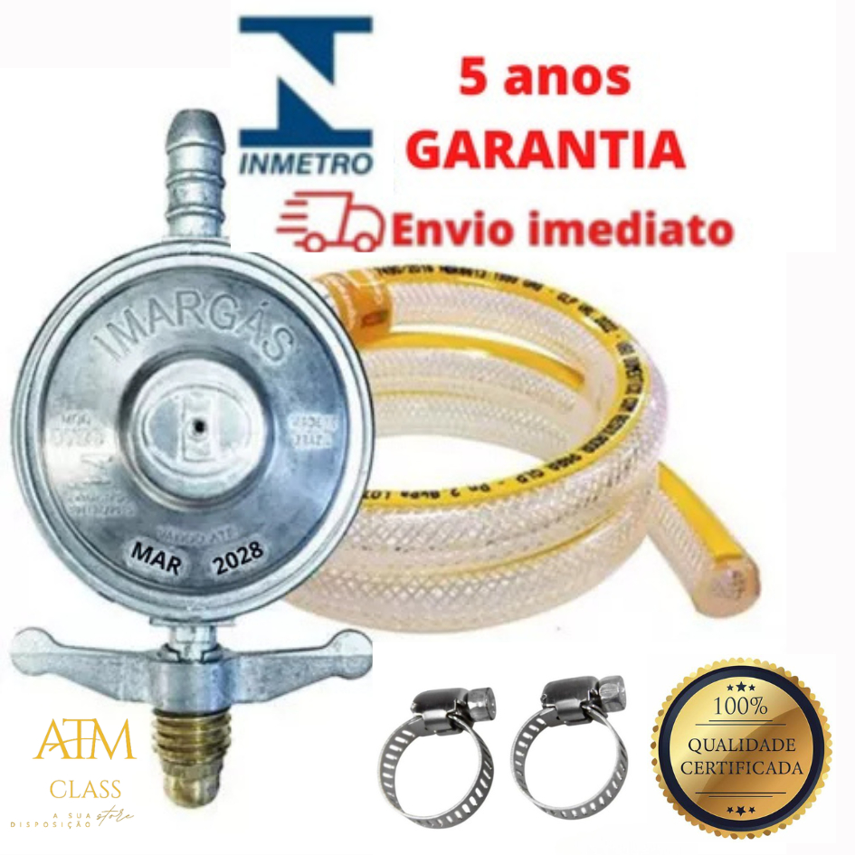 Kit Registro Regulador de Gás com Mangueira 1,25m e 2 Abraçadeiras para Fogão - 1kg/h