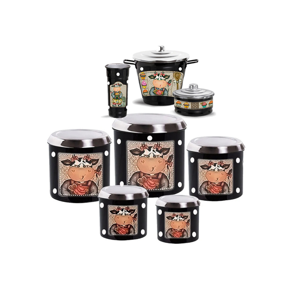 Jogo com 8 peças 5 Porta mantimentos e Kit Pia com três peças sendo um Porta Detergente um Porta Esponja e uma Lixeirinha de bancada para Lixo em Alumínio Colorido e Estampa Decoupage
