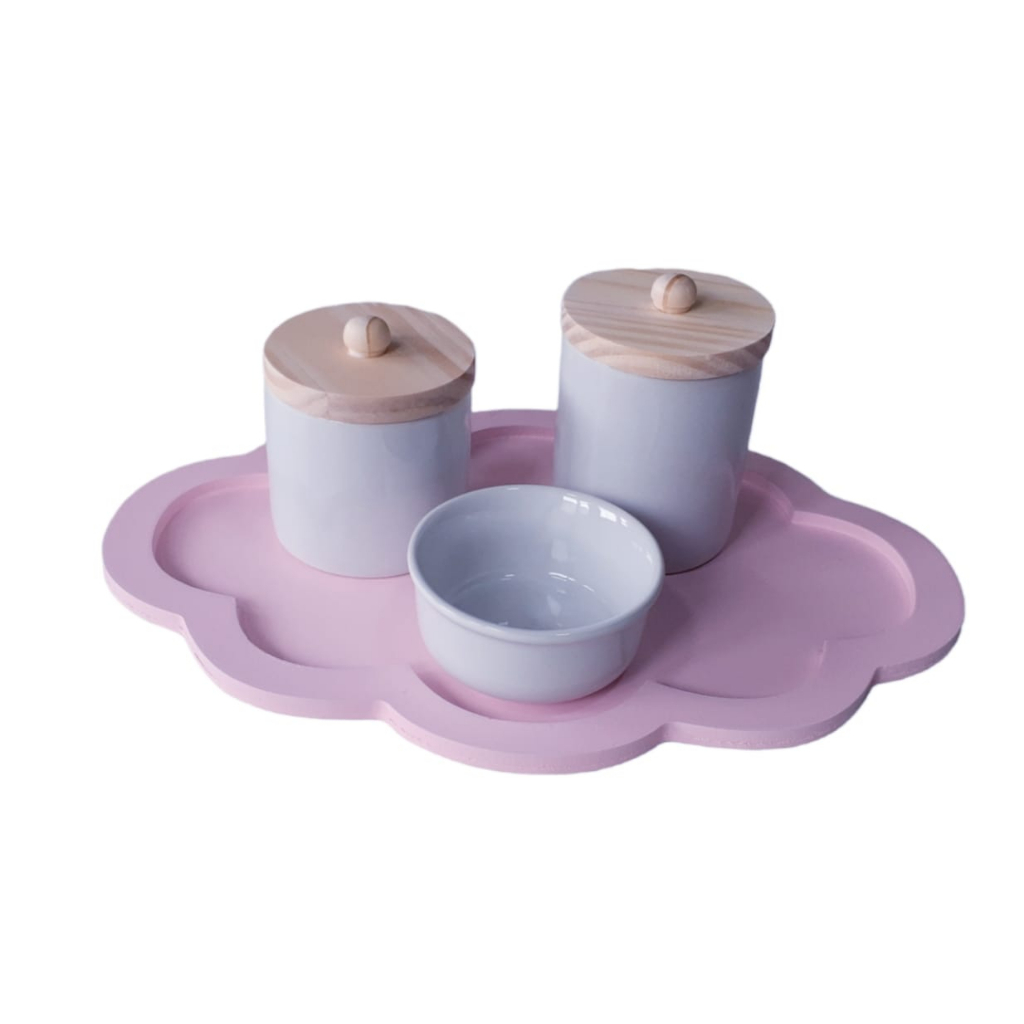 Kit Higiene Bebê porcelana potes com tampa maternidade menina bandeja rosa porta algodão cotonete molhadeira