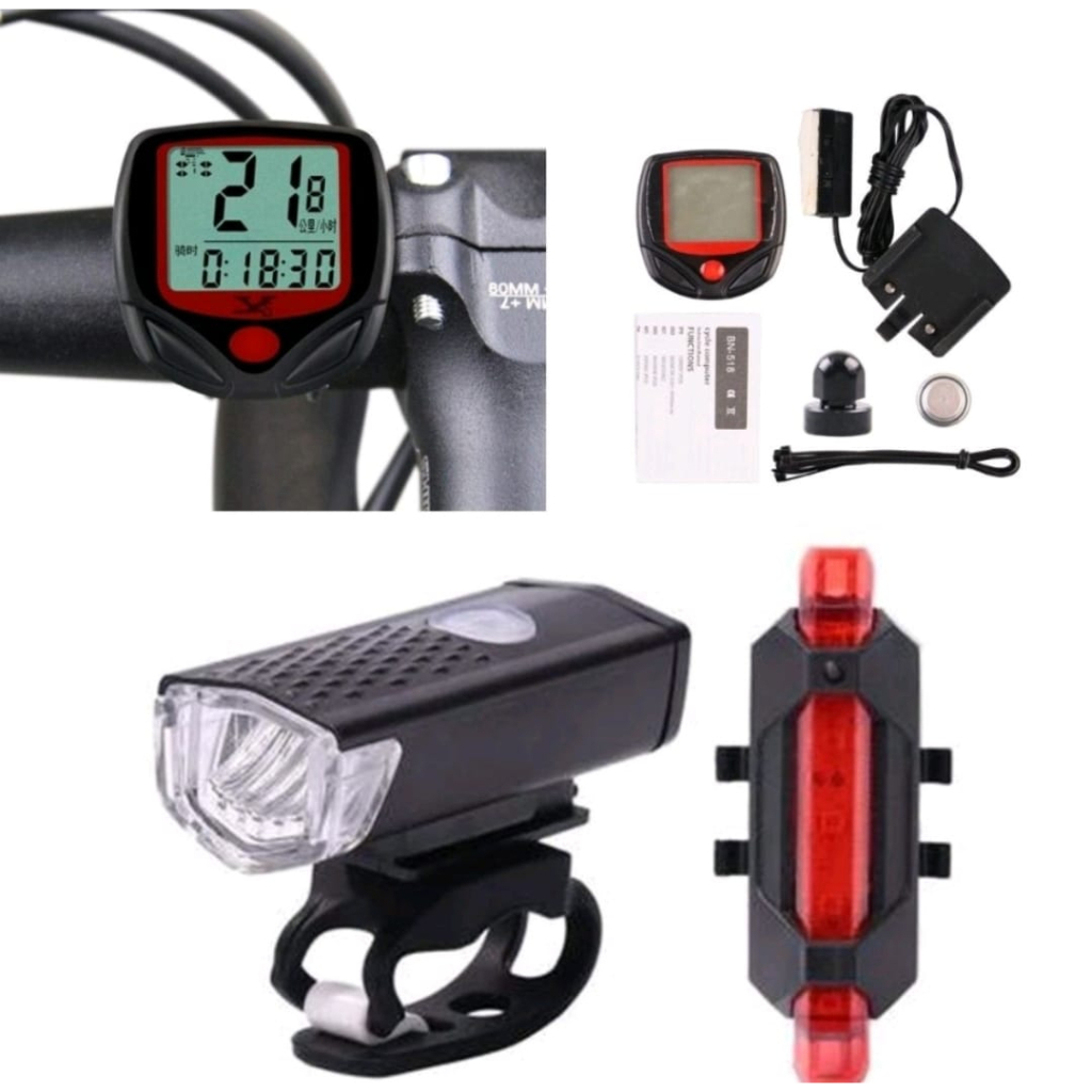 Kit de Acessórios para bike Lanterna frontal + Pisca Traseiro + velocímetro com fio Bicicleta em Oferta na Shopee