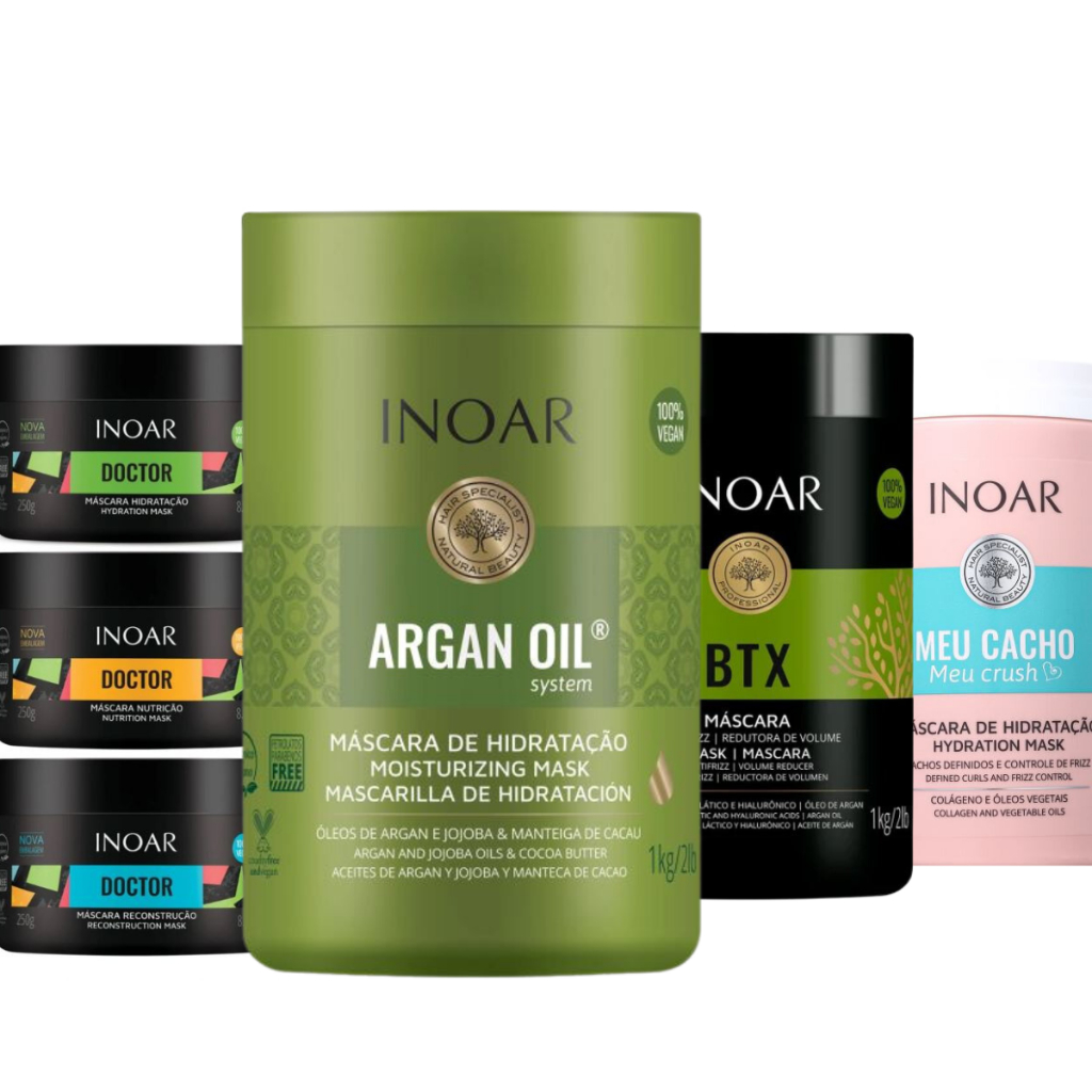 Máscaras Inoar de Tratamento Capilar Argan Cicatrifios Doctor Meu Cacho Meu Crush