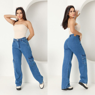 Calça Jeans Wide Leg Cargo Cintura Alta Jeans