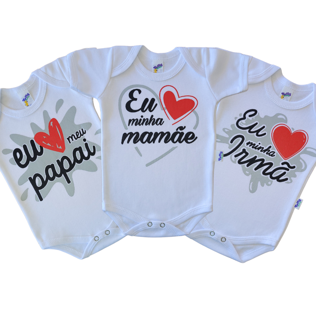 Kit 3 Body Bebê Papai Mamãe Irmã Família Fantasia Recém Nascido Baby Bori Bore 100% Algodão Roupa Bebê