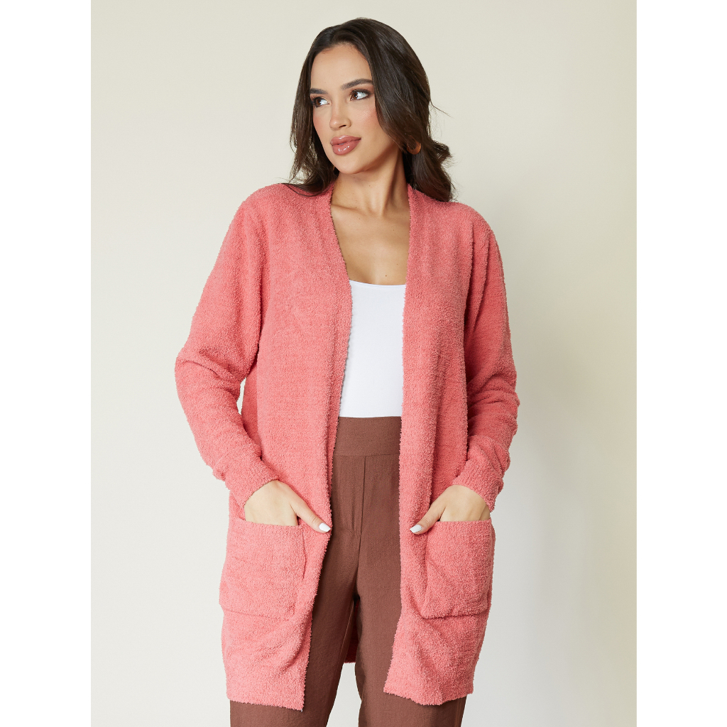 Casaco cardigan  feminino teddy pelucia  bolsos novidade de inverno frio importado comprimento jx-116