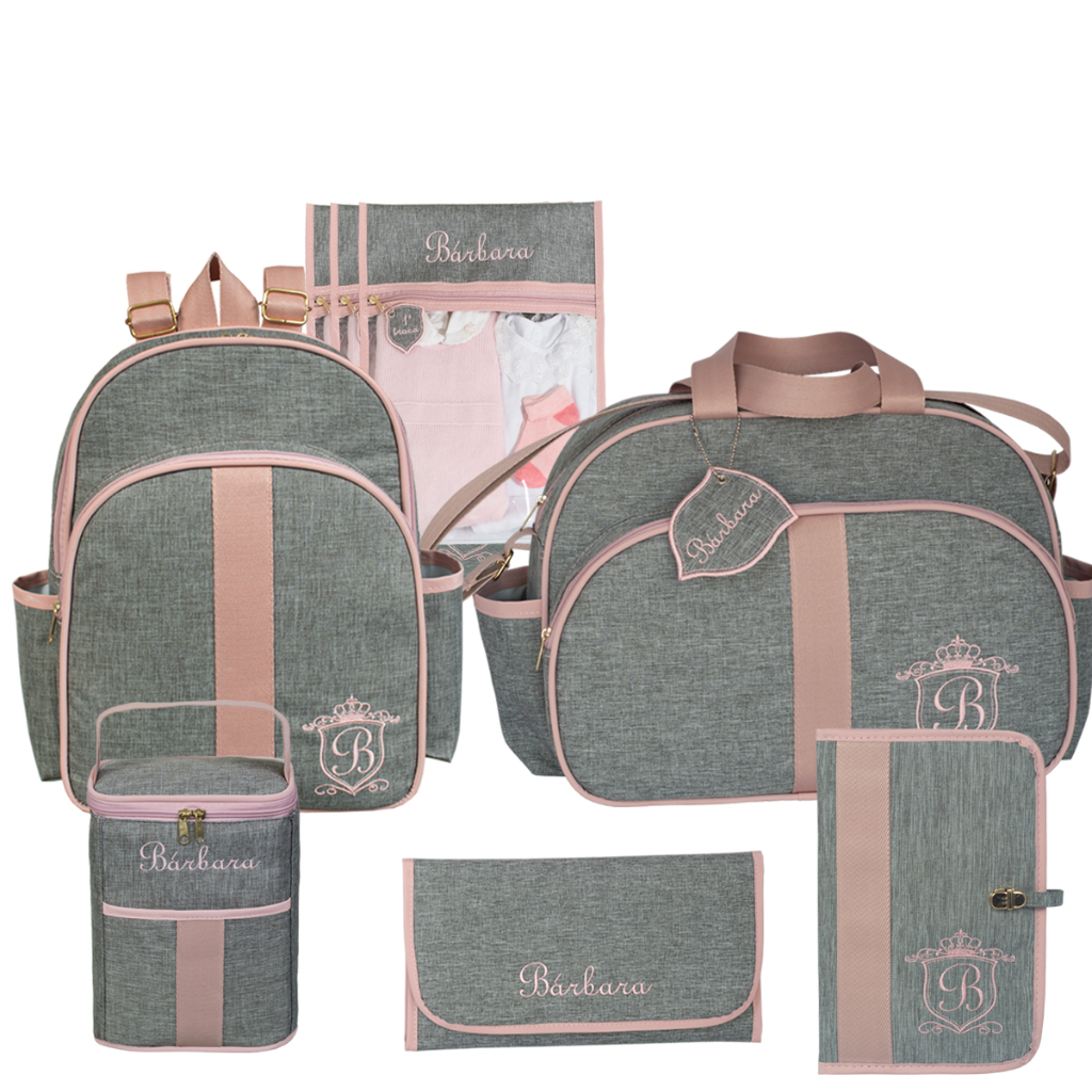 Kit saída de maternidade bolsa, mochila, trocador, 3 saquinho organizador, porta-mamadeira e porta-documento personalizado grão de