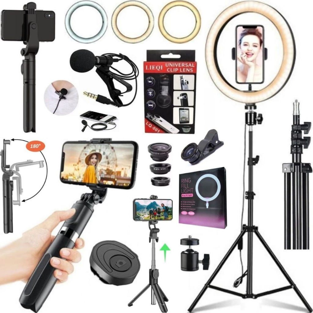 Kit Filmagem Ring Light Luz Led Tripé 2m Microfone Bastão Lentes Para Celular