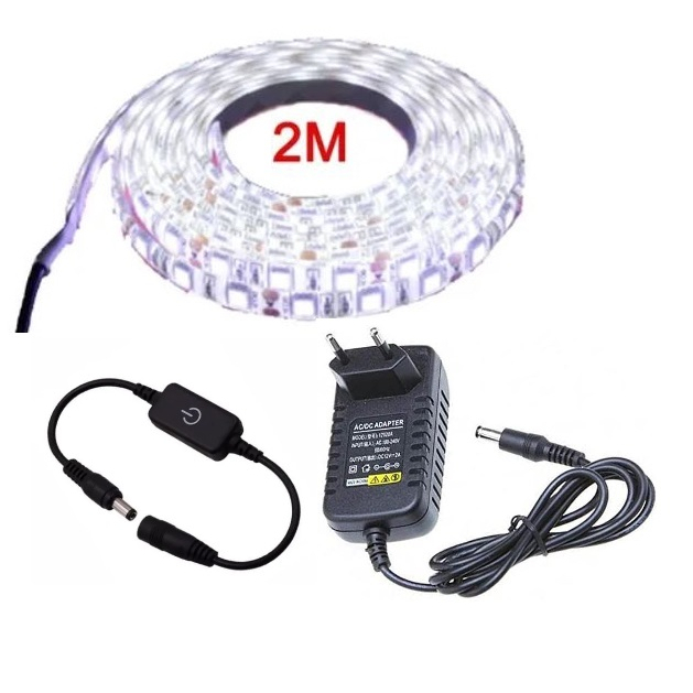 Fita Led 5050 Branco Frio ou Quente 2 metros + Interruptor Touch Liga e Desliga Dimmer + Fonte Bivolt