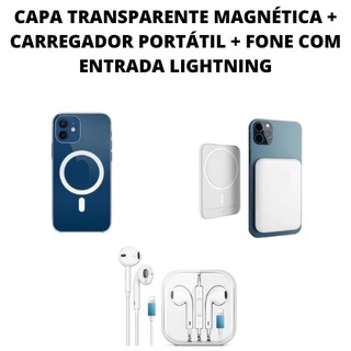 KIT CAPA TRANSPARENTE MAGNÉTICA + CARREGADOR PORTÁTIL IOS + FONE COM ENTRADA LIGHTNING