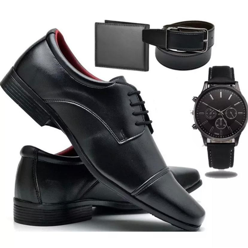 Sapato Social Masculino com Cadarço + Cinto + Carteira + Relógio Preto Lançamento em Oferta na Shopee