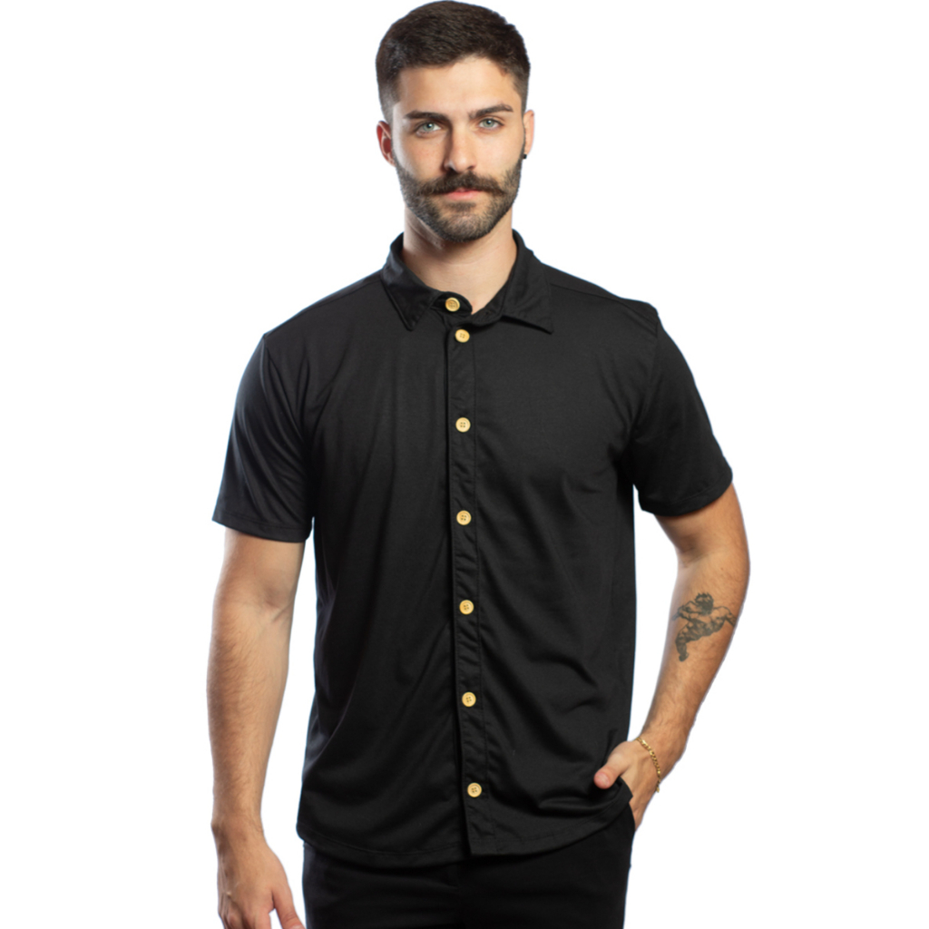 Camisa De Botão Masculina Preta Feita De Malha Sustentável Camisa