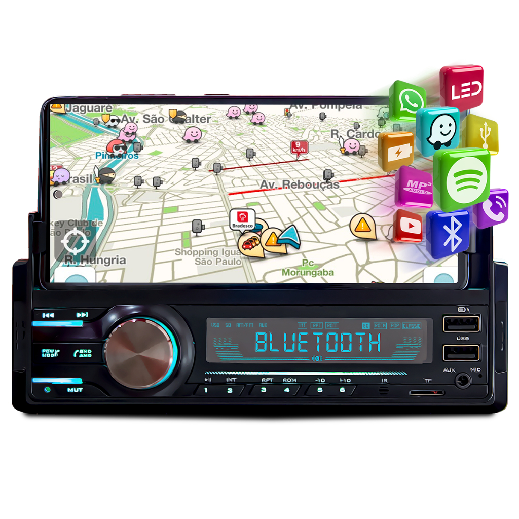 Radio 1 Din Mp3 Fm Bluetooth Usb Suporte Celular Android Ios em Oferta na Shopee